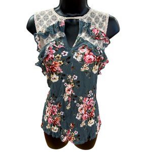 Umgee Teal Floral Peasant Crochet Tank Sz S